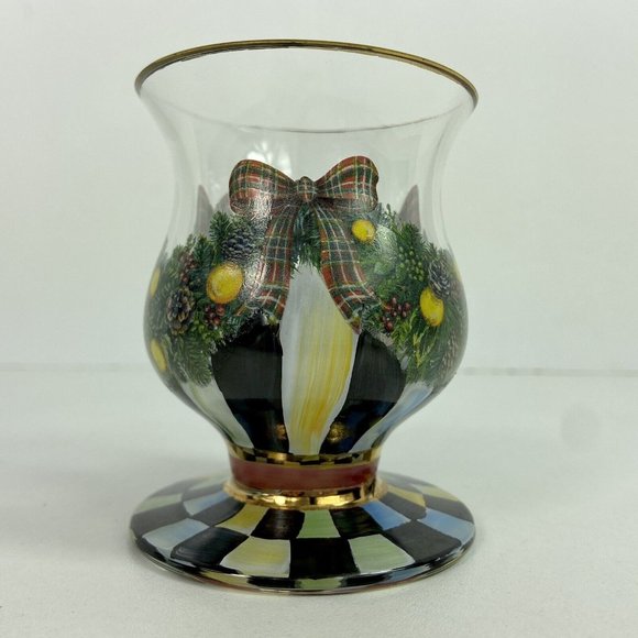 Mackenzie-Childs Evergreen Painted Glass Water Goblet Footed Dessert Christmas - Picture 3 of 7